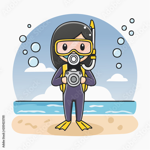 Cartoon Diver Girl with Camera on Beach