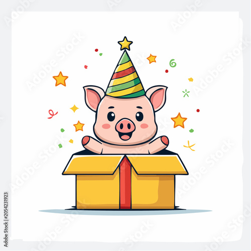 Cute Pig in a Party Hat Emerging from a Gift Box with Confetti