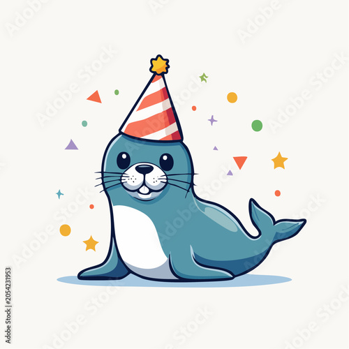 Cute Seal Wearing a Party Hat with Confetti