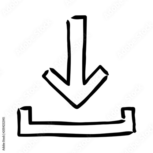 Hand drawn, black download arrow, simple icon, vector graphic