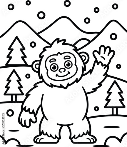 Photos Cartoon yeti waving hand in a snowy mountainous landscape with fir trees and fal