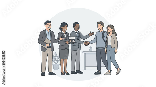 Diverse business team welcomes new employees with handshake and gift