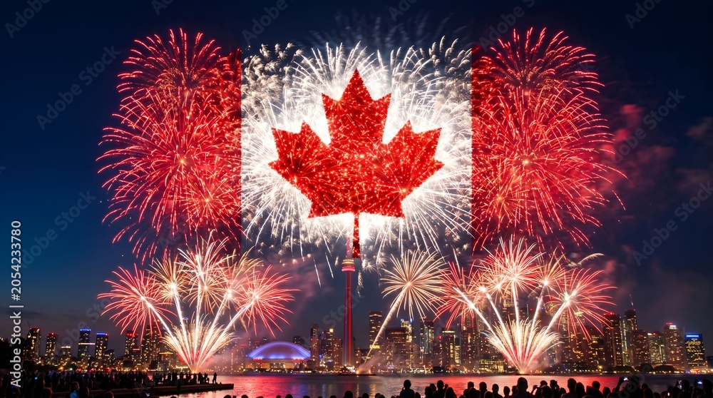 Naklejka premium Canadian flag shaped fireworks display over city skyline at night