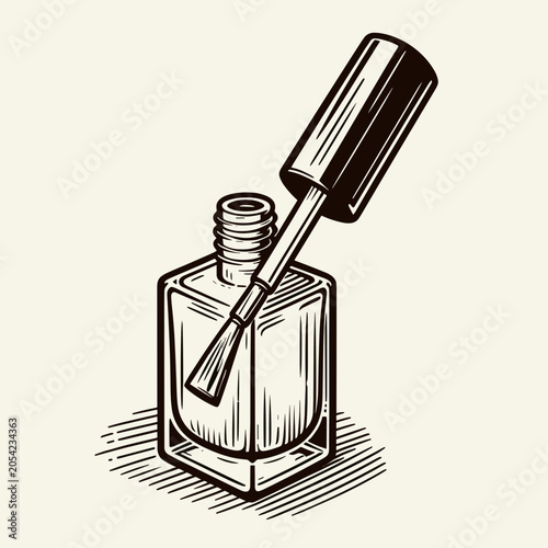 Nail polish bottle art illustration with brush and cap on a neutral background