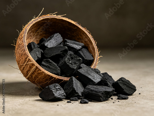 Chunks of black charcoal spilling from a textured coconut shell bowl, showcasing a sustainable source of fuel and activated carbon for wellness.
