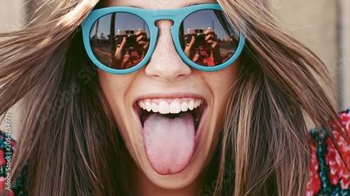 Jeune femme souriante avec lunettes de soleil bleues tirant la langue