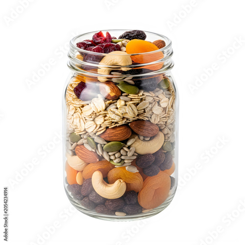 Colorful glass jar filled with healthy trail mix snacks