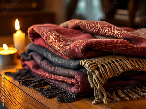 Stack of colorful woven blankets on table.