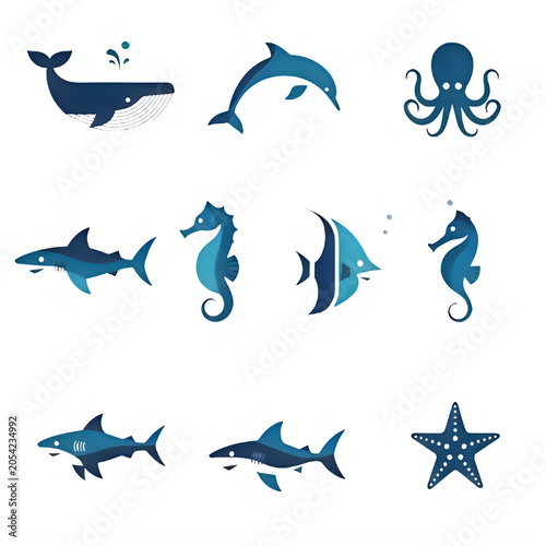 Set of blue sea animal silhouette icons including whale dolphin octopus shark starfish and seahorse isolated vector illustration with wildlife