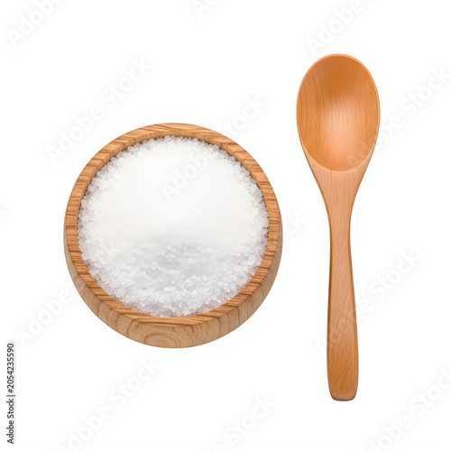 Wooden spoon with powdered sugar on white plate
