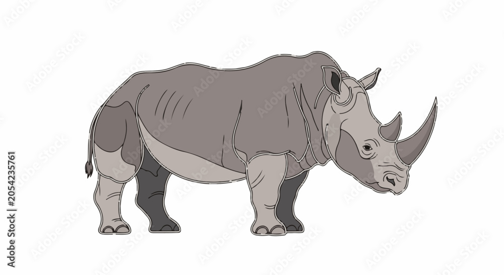 Fototapeta premium A gray rhino with a large horn is depicted standing