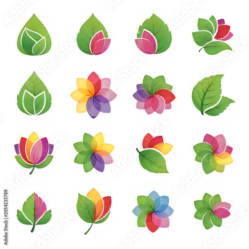 Set of colorful floral and leaf icons with layered transparent petals vector illustration multi colored botanical colorful transparency