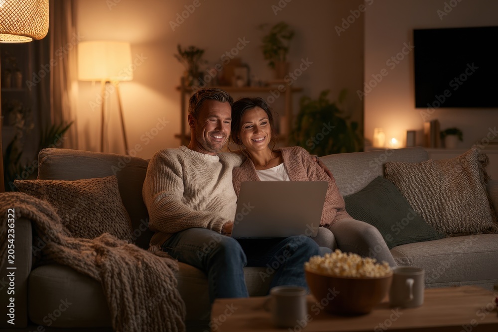 Obraz premium Relaxed couple on a sofa enjoying digital entertainment together in a warm living room