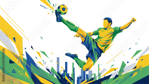 Konstfotografi Pixel art soccer player kicking a ball with dynamic motion and vibrant brazil co
