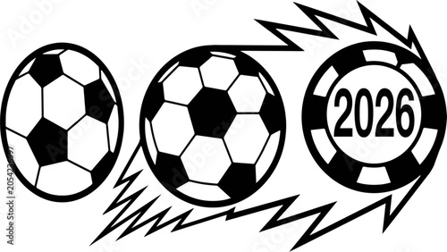Foto Black and white soccer balls moving fast with a 2026 year design element for spo