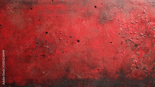 Rough red metal surface with worn coating, rust spots, and distressed finish for texture photography