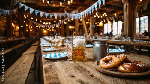 Rustic Bavarian Table Scene for Oktoberfest with Soft Lighting and Pretzels