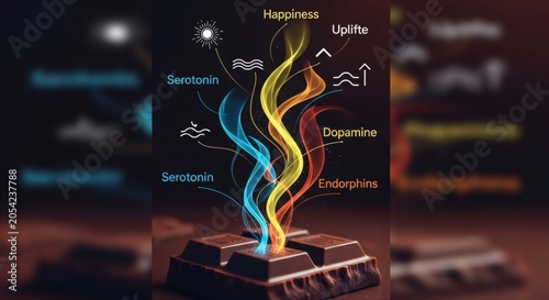 A vibrant illustration of chocolate releasing colorful swirls representing happiness and uplifting neurotransmitters like serotonin, dopamine, and endorphins.