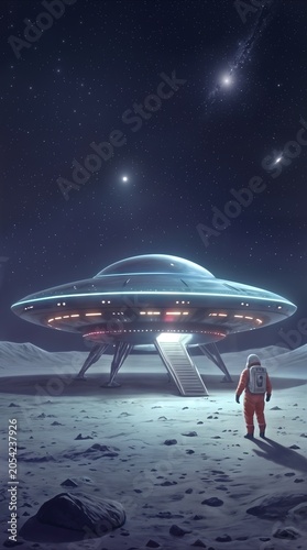 Extraterrestrial spacecraft landed on desolate lunar surface. Astronaut standing near glowing flying saucer on rocky alien planet under starry sky.