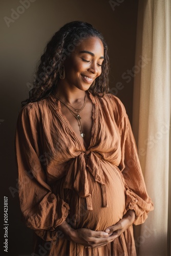 Serene maternity portrait of a pregnant Black woman cradling her belly in soft light