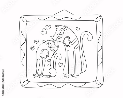 Photo frame with a pair of cats. Hand-drawn pets, hearts, paw prints. Love. Simple frames, border. Drawing, doodle. Gallery, nostalgic photo with kitten faces, inscription.