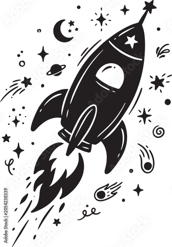 Hand drawn doodle of a rocket flying in outer space