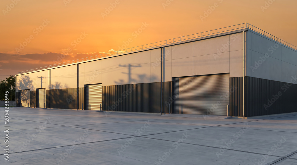 Obraz premium Newly completed industrial warehouse, fiber cement and anthracite metal cladding, golden hour sunset light, wide concrete apron, no people