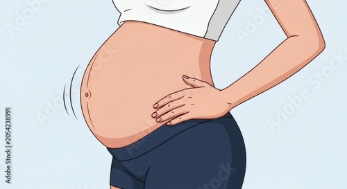 A pregnant woman experiencing discomfort or pain in her abdomen, illustrated in a cartoon style.