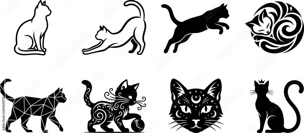 Fototapeta premium Stylized cat illustration collection with minimalist, geometric, decorative, and symbolic designs in creative black and white art