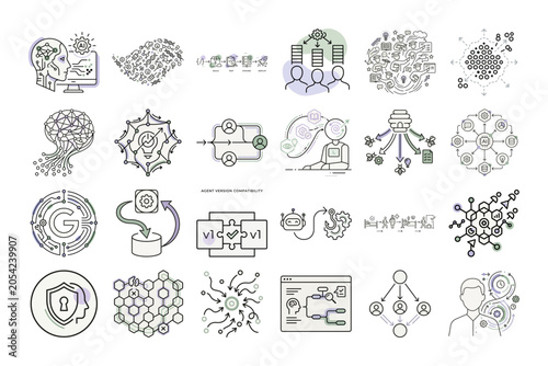 AI Agent 1: Line art icons for tech concepts or Digital design elements for modern art.