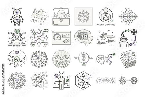AI illustration of robots and abstract technology or Vector graphics of AI, robots and future technology.