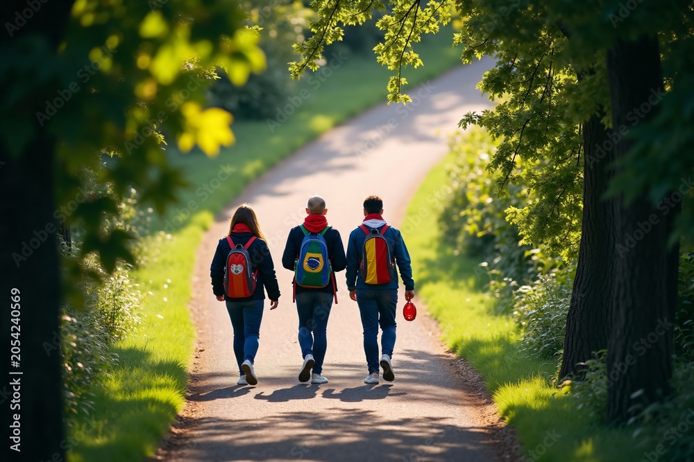 Obraz premium Three friends walking on a sunlit forest path with backpacks in a peaceful green park during a beautiful sunny day outdoors