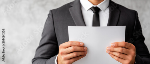 Man in Suit Holding Document: A man dressed in a crisp dark suit and tie holds a blank white document, conveying professionalism and authority in a close-up, head-and-shoulders shot.