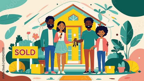 Happy family celebrating home sale with keys outside their new house surrounded by greenery