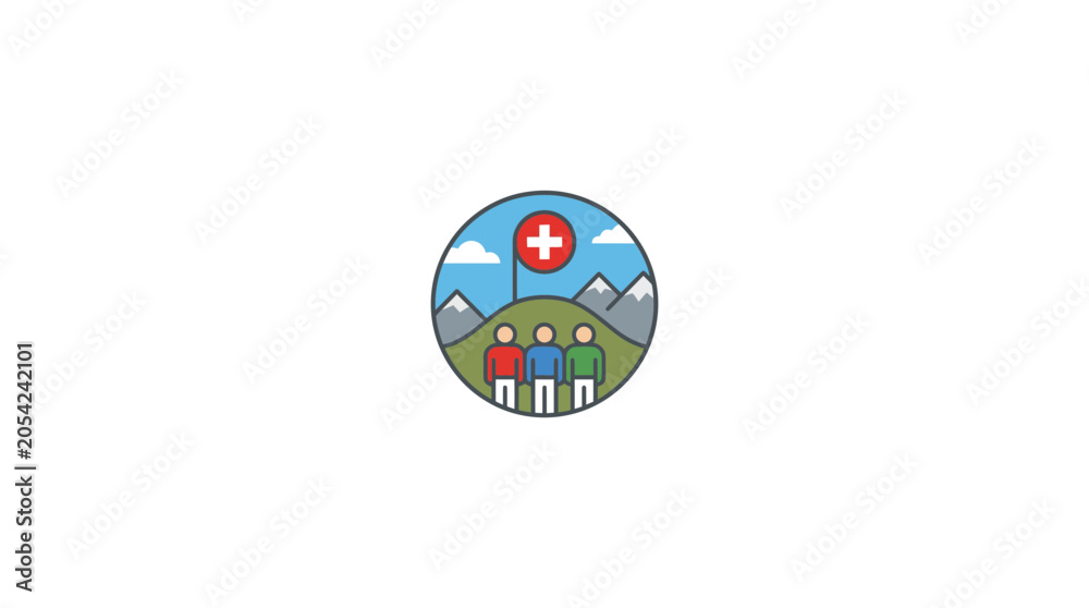 Fototapeta premium Swiss Alpine Hiking Group Icon with Flag