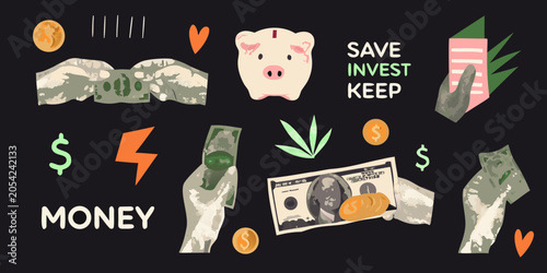 Cuadro en lienzo Money coins and piggy bank illustration in a retro pop art style