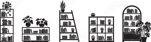 Black silhouette bookshelves with plants bookshelf. silhouette vector set