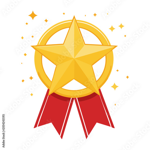 Gold Star Medal with Ribbon Flat Design