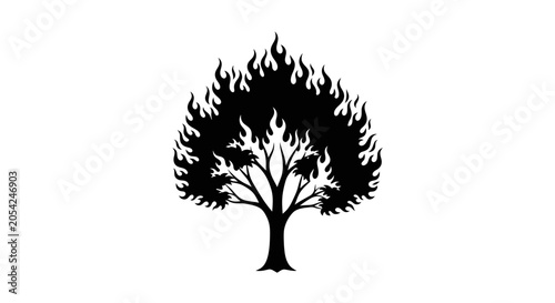 Quadro su tela Black silhouette of a tree with flames for leaves on white background symbolizin