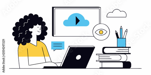 Person Using Laptop With Media Display Flat Vector Illustration
