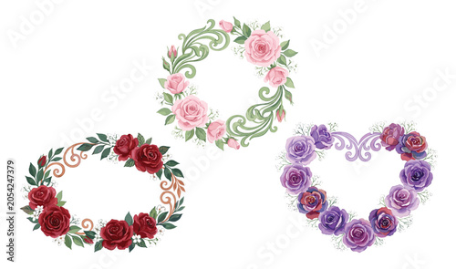 Watercolor floral bouquet collection with roses and eucalyptus leaves for wedding invitations and romantic stationery vector illustration