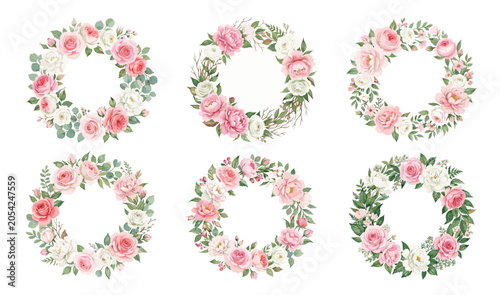 Set of rose flower watercolor frame wreath design pink and white bouquet flower design vector.