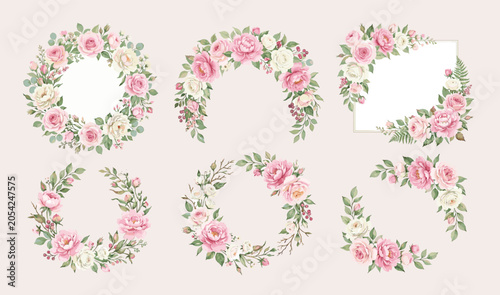 Watercolor floral bouquet collection with roses and eucalyptus leaves for wedding invitations and romantic stationery vector illustration
