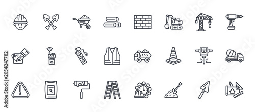 24 outline Construction web icons such as spade, ladders, jackhammer, walkie talkie, wall. Thin vector symbols for report, presentation, web design and mobile app