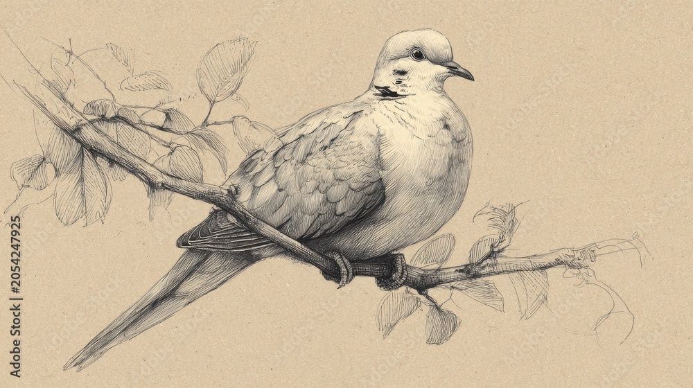 Fototapeta premium Soft line drawing of a calm dove with subtle feather texture on textured paper