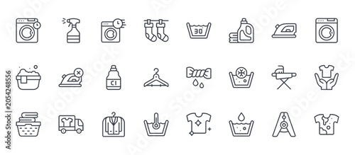 24 outline Laundry web icons such as clothespin, water temperature, ironing board, iron, water temperature. Thin vector symbols for report, presentation, web design and mobile app