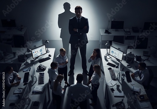 Business Meeting in Dark Office with Silhouetted Leader.