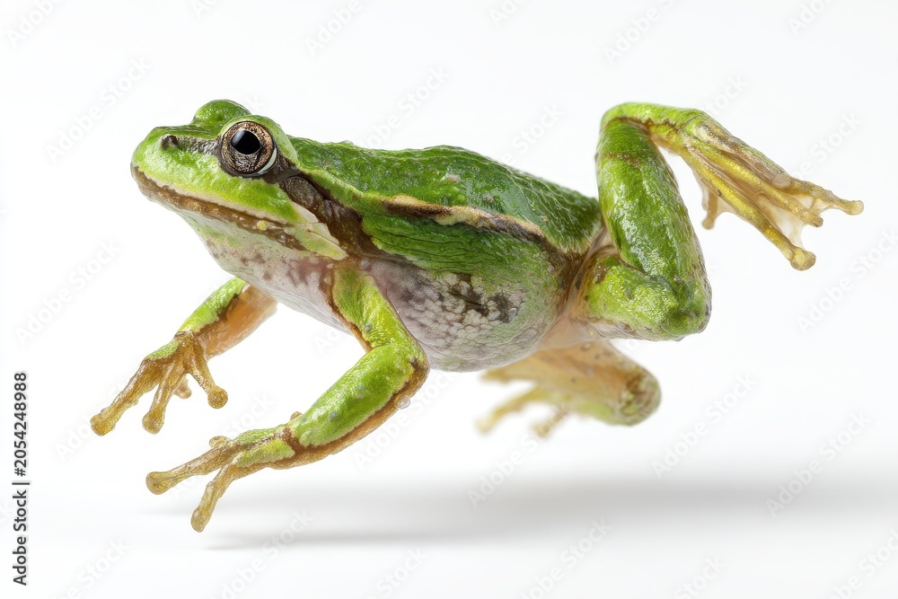 Fototapeta premium Stop-action frog leap on a clean white background
