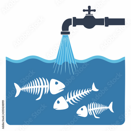 Dead Fish Skeletons in Polluted Water Under a Dripping Tap