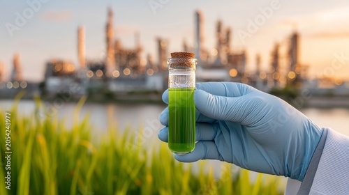 Industrial Factory and Green Energy Concept with Scientist Holding Test Tube